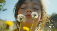 Young girl with closed eyes enjoying peaceful moment with dandelion flowers in sunny outdoor setting for wellness and mindfulness concepts.