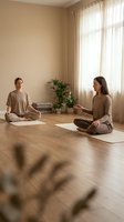 Two women practicing meditation in peaceful home studio with natural light and plants for mindfulness wellness retreat.