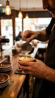 Barista pouring steamed milk into espresso cup creating latte art in modern cafe with warm pendant lighting and wooden counter.