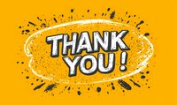 White thank you text with grunge texture and black splatter effect on bright yellow background, modern typography design for greeting cards and social media.