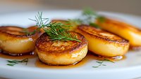 Pan seared scallops with caramelized golden crust garnished with fresh dill and sauce on white plate, macro food photography with selective focus.