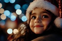 Young girl wearing Santa hat smiles warmly against blurred holiday bokeh lights background, capturing magical Christmas spirit and childhood wonder.