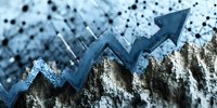 Blue arrow chart breaking through rocky mountain barrier showing growth breakthrough and market recovery against abstract particle background.