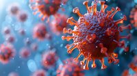 Microscopic view of coronavirus cell structure in orange and red tones against blue background, showing detailed spike proteins and viral membrane for medical education.