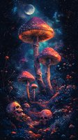 Mystical glowing mushrooms in enchanted night forest with crescent moon and skulls. Magical fantasy scene with luminescent amanita fungi amid starry cosmic sky.