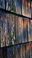 Weathered wooden shingles with peeling paint and moss growth showing rustic texture and natural aging patterns on old building exterior siding.