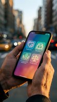Hands holding smartphone displaying colorful app icons for healthcare, education, environment and social justice on city street at sunset.
