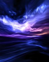 Mystical aurora-like waves in deep blue and purple colors create dramatic sky effect over dark water surface, abstract cosmic landscape for backgrounds.