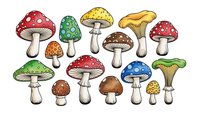 Colorful cartoon mushroom collection with spotted caps and stems isolated on white background for nature designs and educational materials.