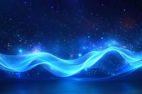 Abstract blue glowing waves with sparkles and light effects on dark background, flowing energy lines creating dynamic motion pattern for technology designs.