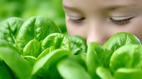 Close up view of young woman with closed eyes near fresh green lettuce leaves in garden, representing healthy lifestyle and organic food growing.