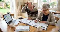 Senior couple managing household finances and paperwork at home kitchen table with laptop and documents for retirement planning.