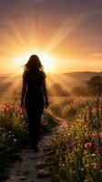 Woman with long dark hair walking through wildflower field at golden hour sunrise, silhouetted against dramatic sunburst sky with rays of light, surrounded by red poppies and purple lupines on rural path.