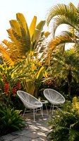 Tropical garden oasis with modern white chairs surrounded by lush banana plants and palm trees creating peaceful outdoor living space for relaxation.