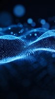 Abstract blue particle wave flowing with glowing dots and bokeh lights on dark background for digital technology and data visualization concepts.