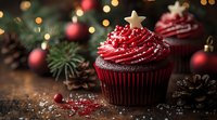 Red velvet cupcake with cream cheese frosting decorated with star topper and sprinkles on rustic wooden table with Christmas ornaments and pine cones in background.