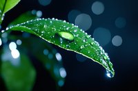 Fresh green leaf with morning dew drops against dark background with bokeh lights creates natural macro photography composition for nature backgrounds.