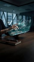 Businesswoman touching futuristic tablet with glowing compliance, policy and regulation icons in modern office, corporate governance concept.