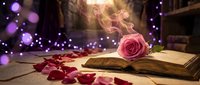 Young woman with long flowing red hair and fair complexion, ethereal and mystical in appearance, emerging from an open antique book surrounded by scattered rose petals and a single pink rose, with purple bokeh lights creating magical atmosphere.