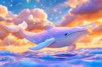 Magical whale swimming through sunset clouds and sparkling ocean waves, painted in dreamy purple and orange hues with glowing particles and mystical atmosphere.