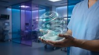 Healthcare professional holding holographic brain model with digital neural networks in modern medical facility for neuroscience research and diagnosis.