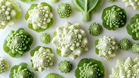 Fresh romanesco broccoli florets pattern on white background showing geometric fractal spiral shapes in green and white colors, natural food art composition.