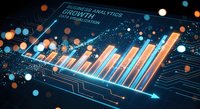 Business analytics growth data visualization with glowing bar charts and circuit board patterns on dark blue background for corporate presentations.