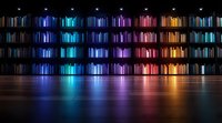Colorful illuminated bookshelves arranged in rainbow spectrum order casting reflective light patterns on dark floor, creating atmospheric library interior ambiance.