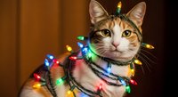 Tabby and white cat wearing colorful LED string lights around neck against warm brown background. Festive pet holiday portrait for seasonal greeting cards and decorations.
