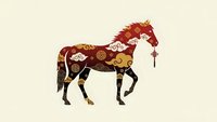 Decorative horse silhouette filled with traditional Asian ornamental patterns and symbols on cream background for cultural design projects.