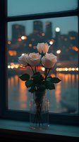 White roses in glass vase on window sill at dusk, with blurred city lights and water reflections creating romantic urban atmosphere in background.