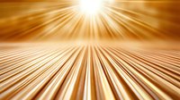 Radiant golden light rays burst from horizon point creating dramatic perspective with warm orange sunburst effect against abstract striped background.