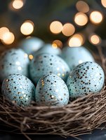Speckled blue eggs in natural nest with warm bokeh lights background create magical spring atmosphere. Easter celebration concept with decorative elements.