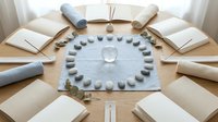 Meditation circle setup with healing stones, crystal ball, sage and yoga mats arranged on wooden floor for spiritual wellness practice session.
