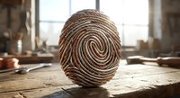 Wooden fingerprint sculpture on rustic table in workshop interior with natural lighting for identity and security concepts.
