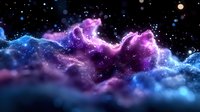 Cosmic nebula with vibrant purple and blue clouds against black starry background, glowing ethereal space formation with luminous dust particles and magical atmosphere.