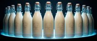 Row of vintage glass milk bottles with swing-top caps arranged on illuminated platform against dark background for dairy product marketing.