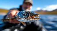 Close-up of brown trout fish head with spotted blue pattern held by angler in fishing catch release moment against blurred mountain lake background.