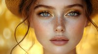 Young woman with natural freckles and bright blue eyes gazing directly at camera against golden bokeh background, wearing neutral makeup with glowing skin and loose hair strands.