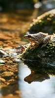 Small brown frog sitting on mossy rock near calm water with warm sunlight creating peaceful natural pond scene for wildlife and nature projects.