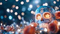 Glowing decorative sugar skull with orange roses and bokeh lights creates magical Day of the Dead atmosphere. Traditional Mexican celebration art piece.