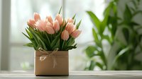 Fresh pink tulips arranged in kraft paper container with rustic twine bow, placed on wooden surface near window with soft natural lighting and green foliage background.