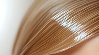 Silky smooth blonde hair strands in macro shot showing healthy shine and texture against soft beige background, demonstrating professional hair care and beauty treatment results.