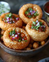Crispy puri appetizers filled with chickpeas, red onion, cilantro and sweet tamarind chutney served in rustic clay bowl. Traditional Indian street food snack.