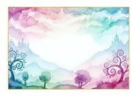 Watercolor fantasy landscape with pastel clouds, decorative swirls, trees and mountains creating dreamy fairy tale scenery for children's books and design projects.