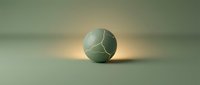 Cracked sage green sphere with golden light emanating from interior fissures, isolated on neutral background for design and creative projects.