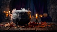 Mystical black cauldron with bubbling potion and steam on wooden table surrounded by autumn leaves and flickering candles in dark atmospheric setting.