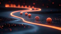 Glowing curved neon path with floating orange spheres against dark background creates futuristic atmosphere with particles and light effects.