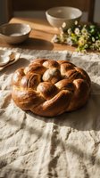 Freshly baked braided challah bread on linen cloth with ceramic bowls and wildflowers in warm natural kitchen lighting for bakery and cooking content.