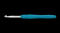 Crochet hook with teal ergonomic handle isolated on transparent background, ready for crafting tutorials, design projects, knitting clipart, sublimation, and print-on-demand products.